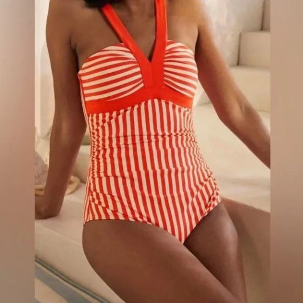 Boden Red and White Striped One-Piece Swimsuit
